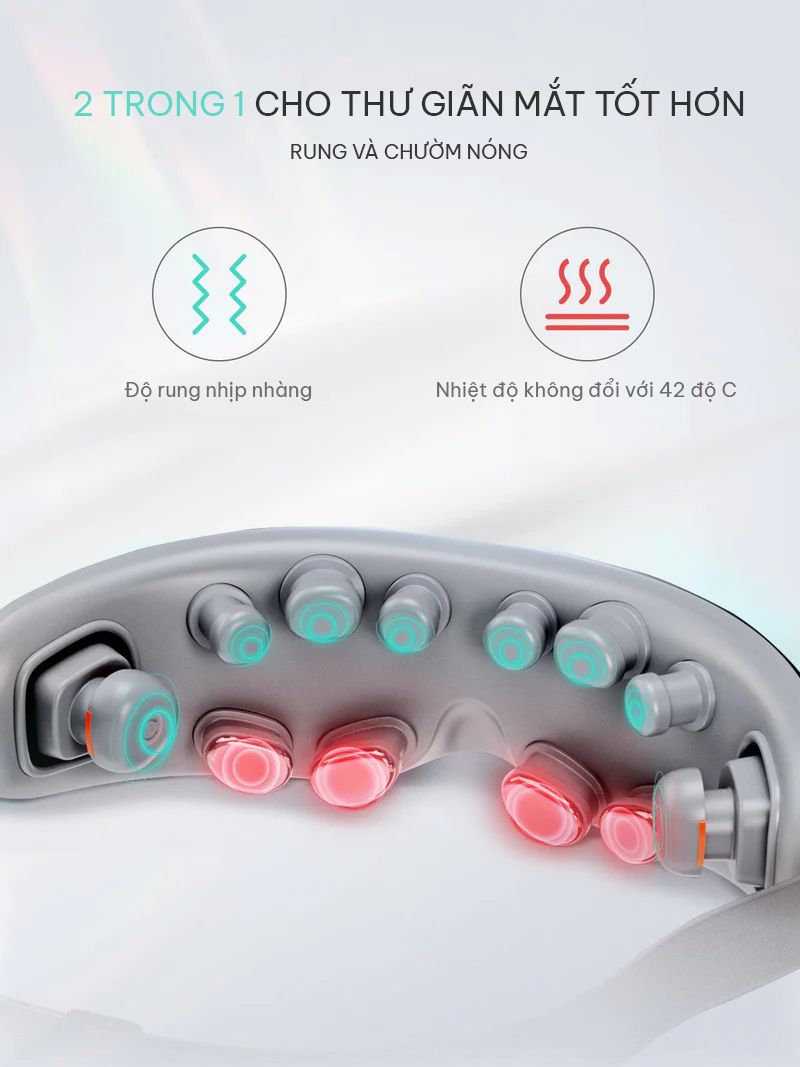 tích hợp chế độ chườm nóng tăng cường lưu thông máu, giúp giảm quầng thâm mắt, nhức mỏi mắt