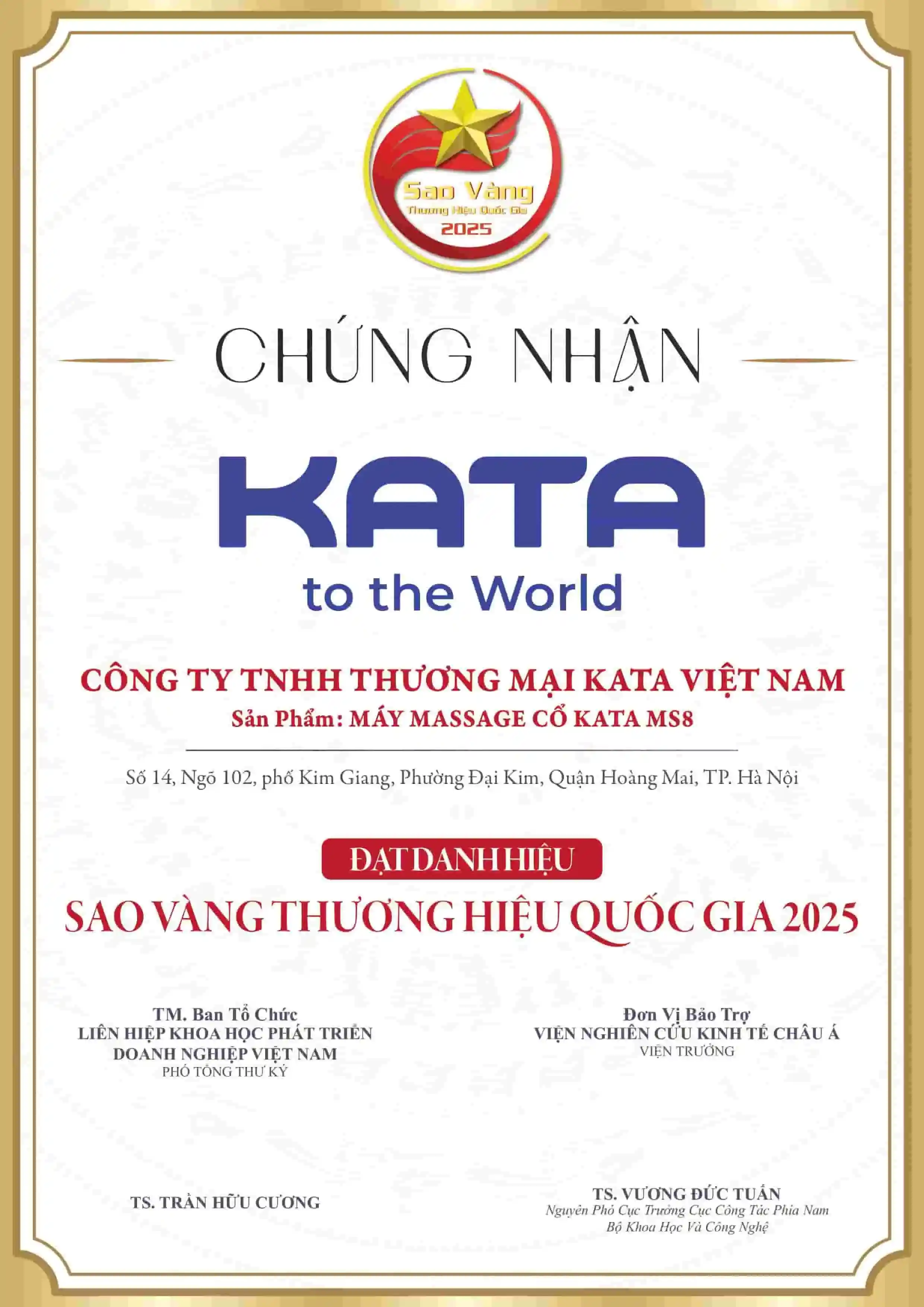 Chứng nhận sao vàng thương hiệu quốc gia máy massage cổ KATA MS8