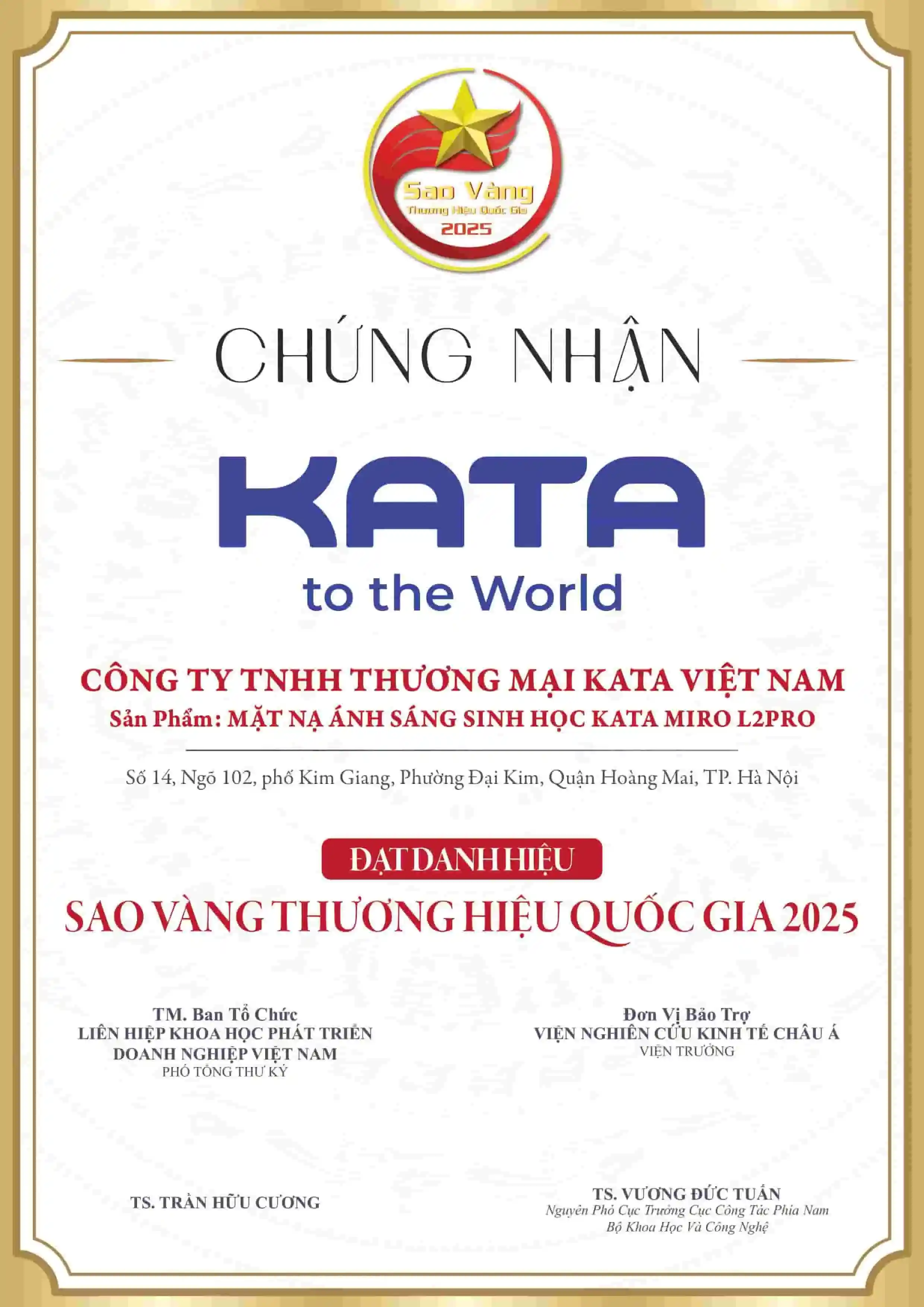 Chứng nhận sao vàng thương hiệu quốc gia mặn nạ ánh sáng sinh học KATA Miro L2Pro